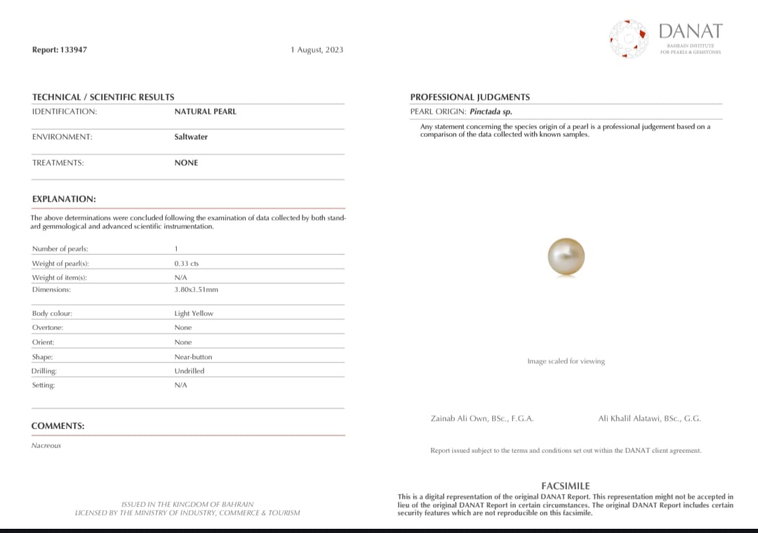 Real Natural Pearl 0.33 Carat Danat Lab Certified 133947/ Hirco Lab Certificate No: 0500212433