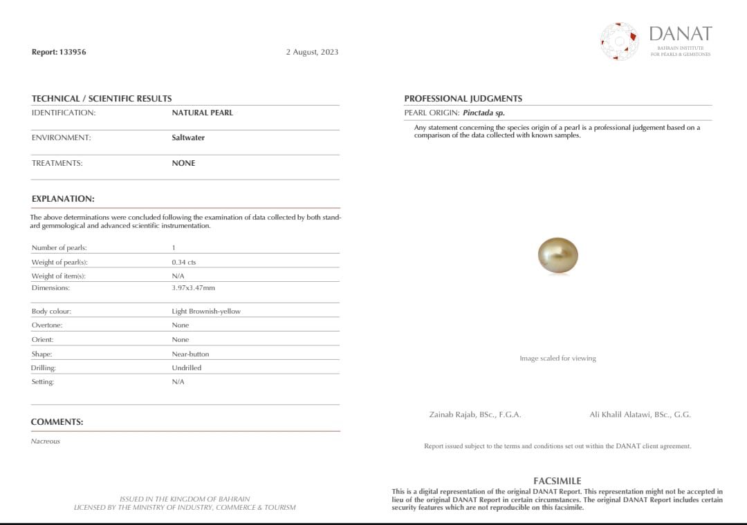 Real Natural Pearl 0.34 Carat Danat Lab Certified 133956/ Hirco Certificate No: 0400052434