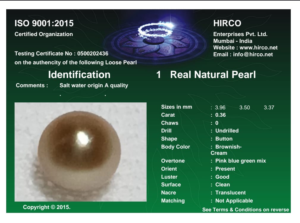Real Natural Pearl 0.36 Carat Danat Lab Certified 133999/ Hirco Certificate No: 0500202436