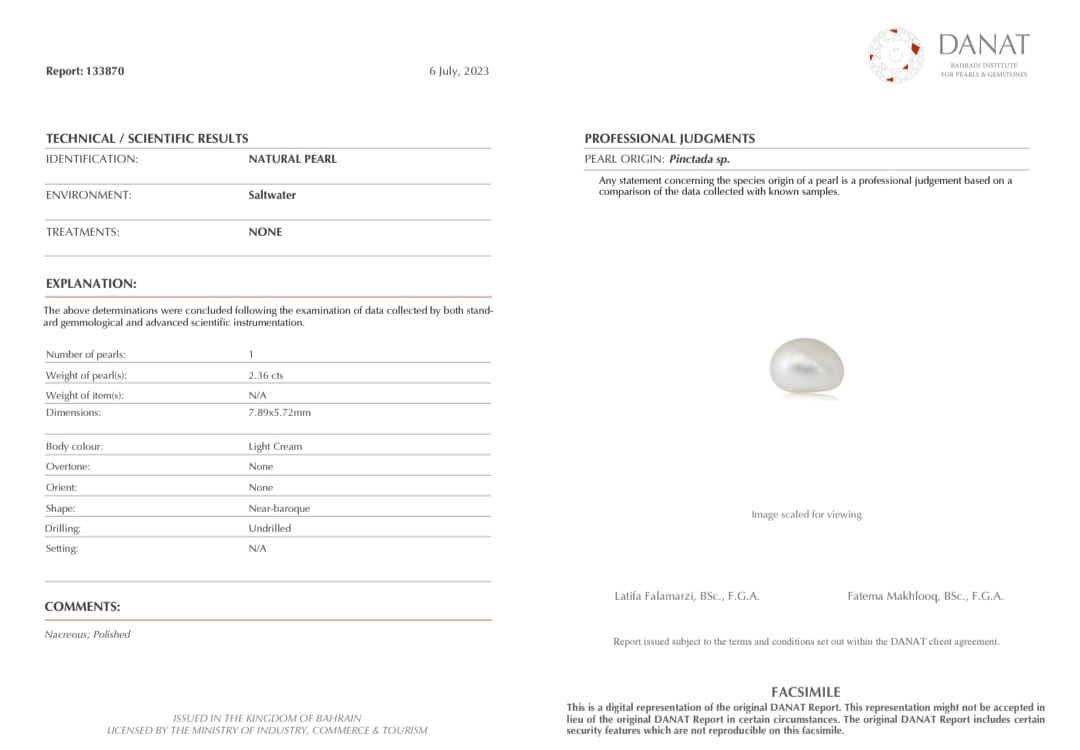 Real Natural Pearl 2.36 Carat Danat Lab Certified 133870/ Hirco Certificate No: 0500092436