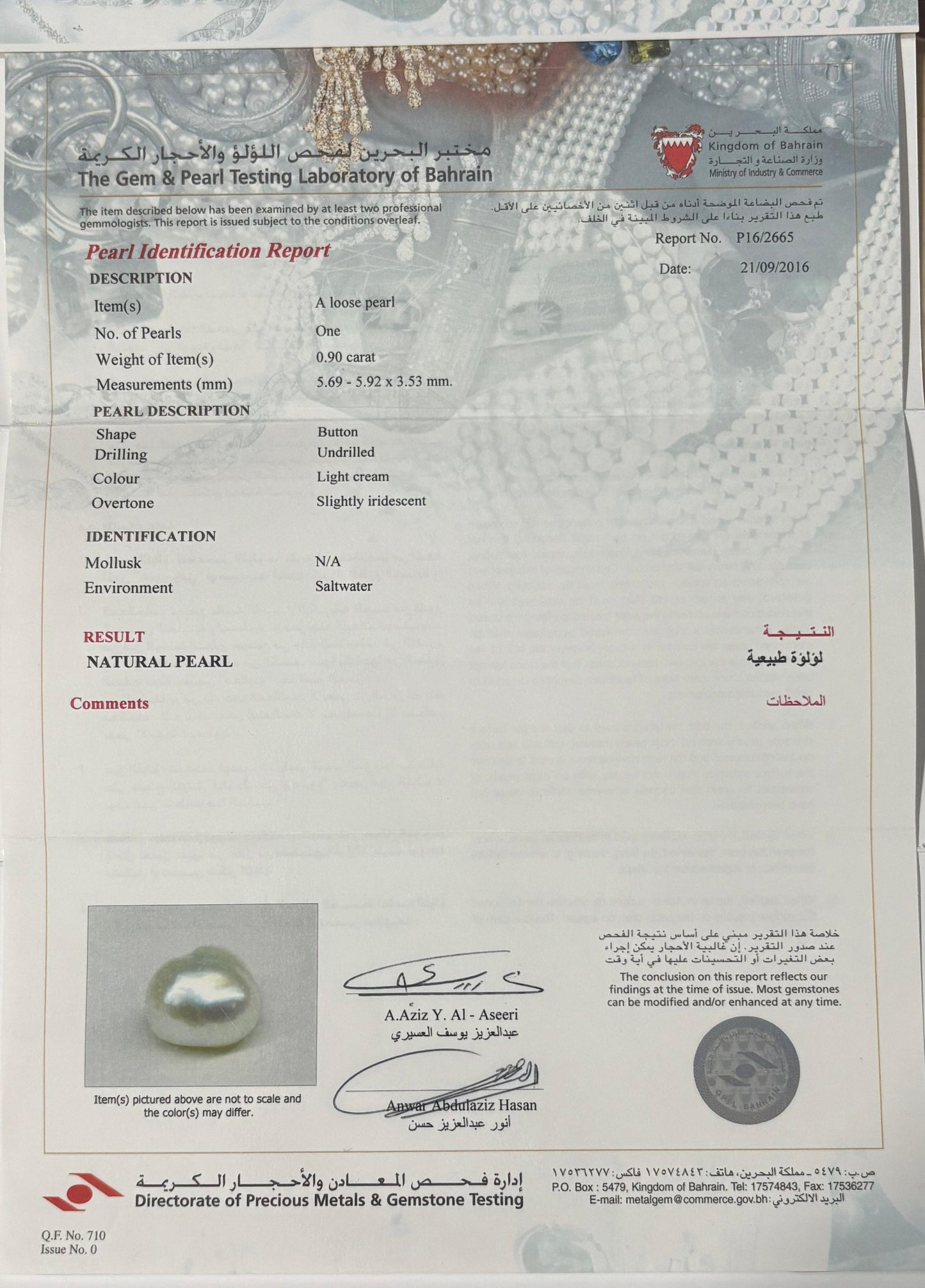 Real Natural Pearl 0.90 Carat Bahrain Lab Certified P16/2665