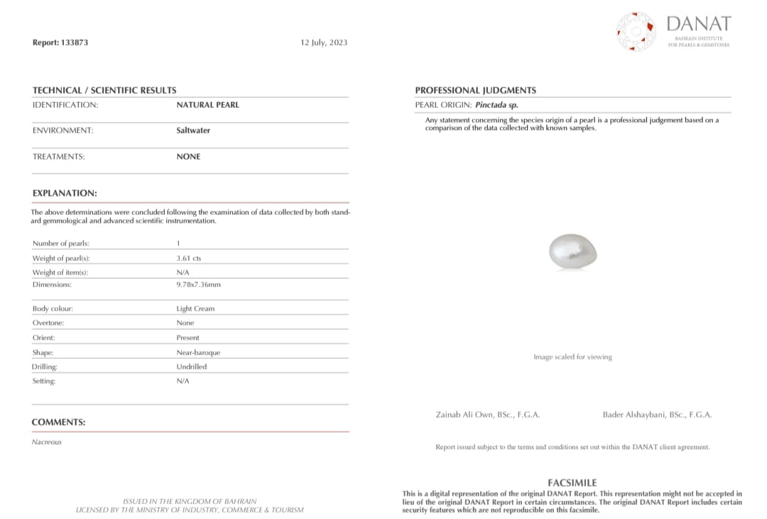 Real Natural Pearl 3.61 Carat Danat Lab Certified 133873/ Hirco Certificate No: 0400202461