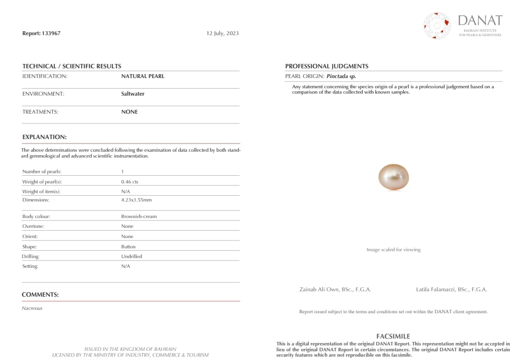 Real Natural Pearl 0.46 Carat Danat Lab Certified 133967/ Hirco Certificate No: 0500202446