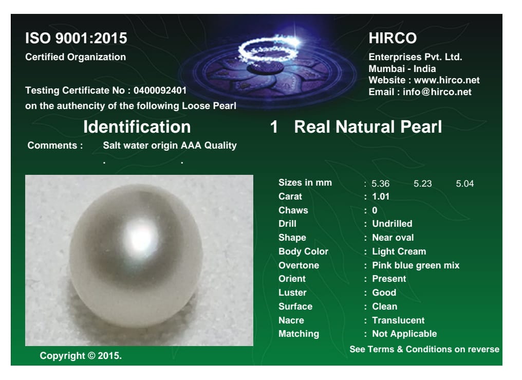 Real Natural Pearl 1.01 Carat Danat Lab Certified 133785 / Hirco Certificate No: 0400092401