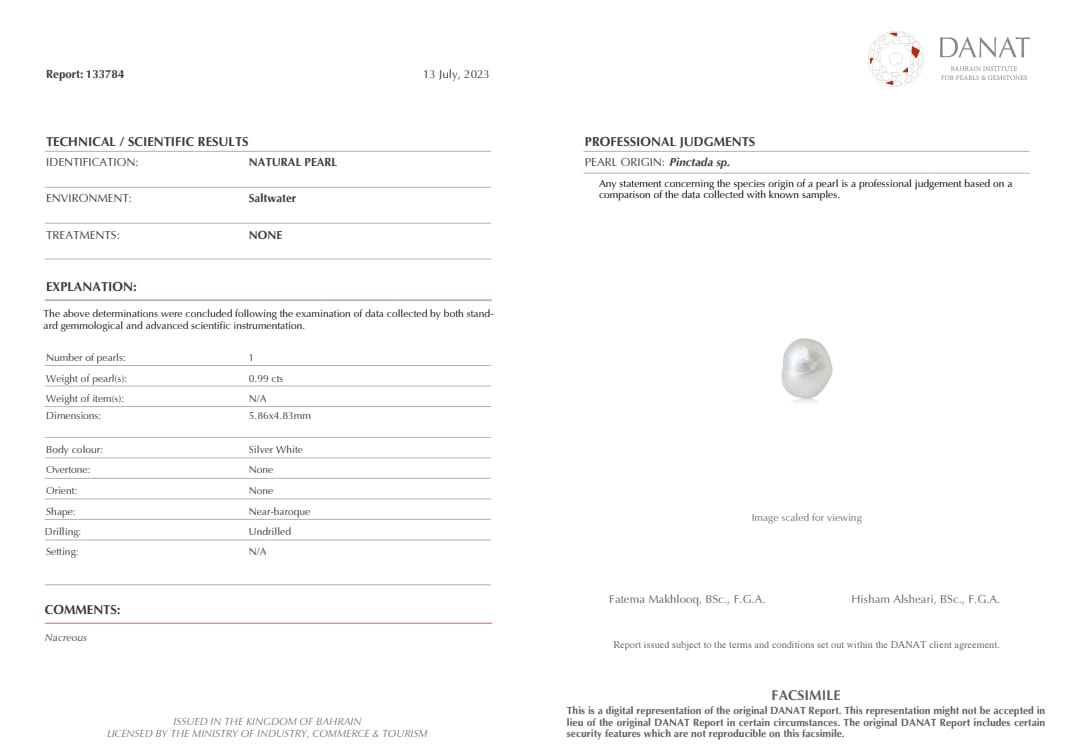 Real Natural Pearl 0.99 Carat Danat Lab Certified 133784/ Hirco Certificate No: 0500052499