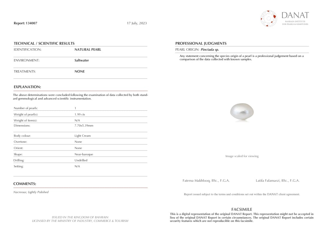 Real Natural Pearl 1.99 Carat Danat Lab Certified 134007/ Hirco Certificate No: 0500062499