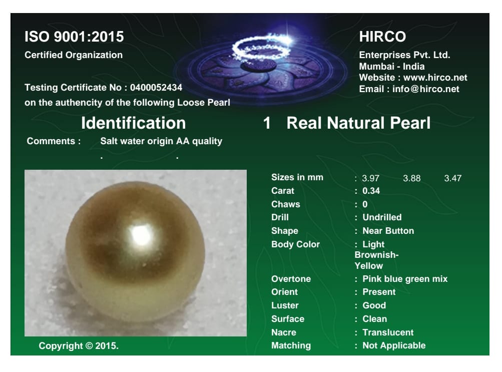 Real Natural Pearl 0.34 Carat Danat Lab Certified 133956/ Hirco Certificate No: 0400052434