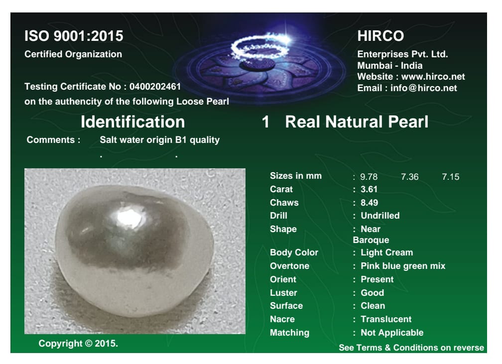 Real Natural Pearl 3.61 Carat Danat Lab Certified 133873/ Hirco Certificate No: 0400202461