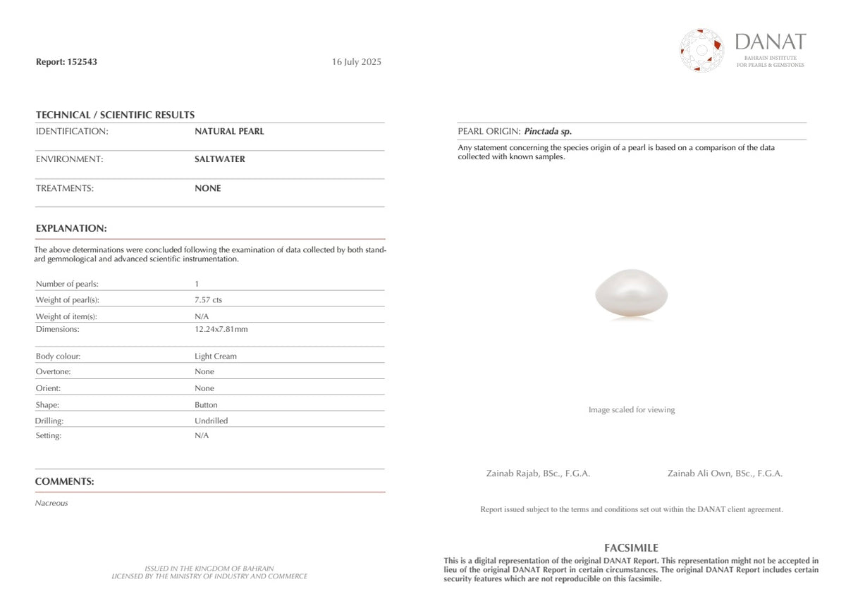 Real Natural Pearl 7.57 Carat Danat Lab Certificate No: 152543