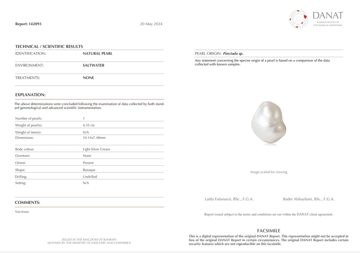 Real Natural Pearl 4.55 Carat Danat Lab Certificate No: 142093