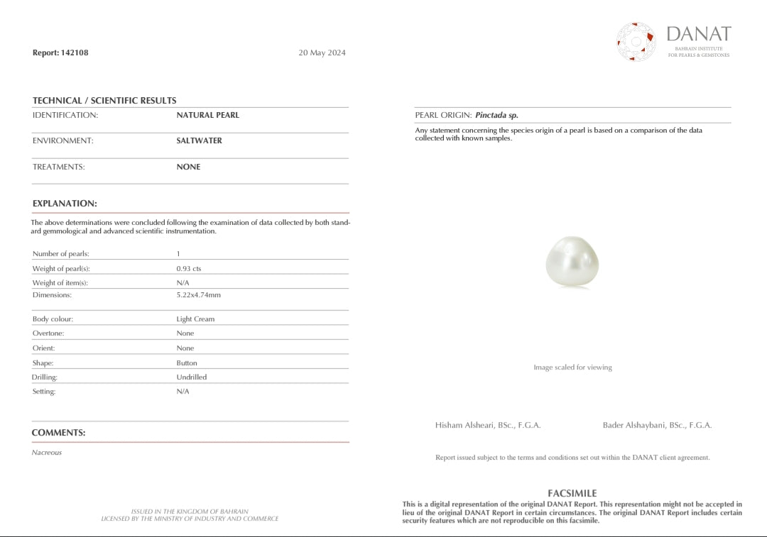 Real Natural Pearl 0.93 Carat Danat Lab Certificate No: 142108