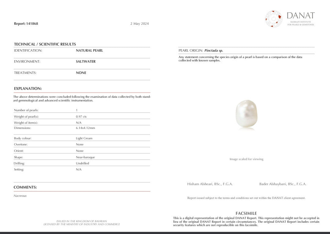 Real Natural Pearl 0.97 Carat Danat Lab Certificate No: 141868