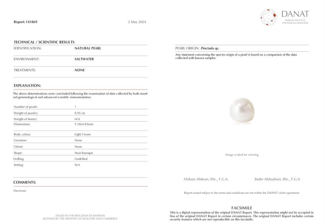 Real Natural Pearl 0.95 Carat Danat Lab Certificate No: 141869