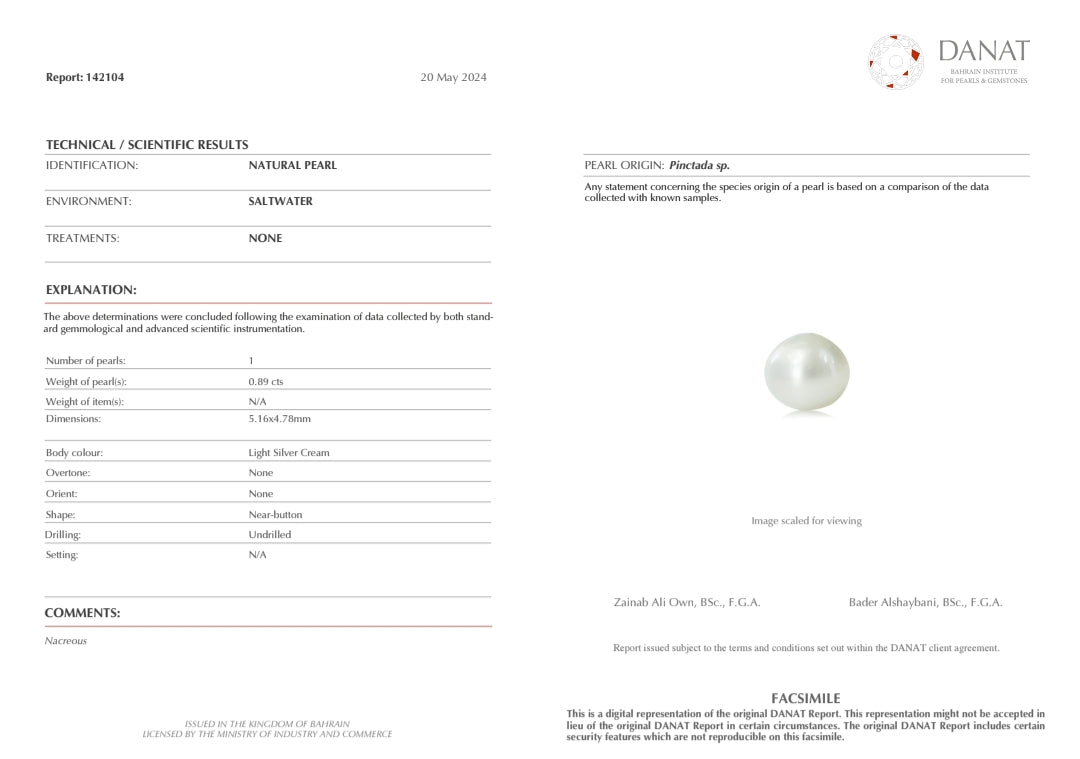 Real Natural Pearl 0.89 Carat Danat Lab Certificate No: 142104