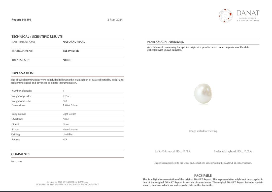 Real Natural Pearl 0.85 Carat Danat Lab Certificate No: 141893