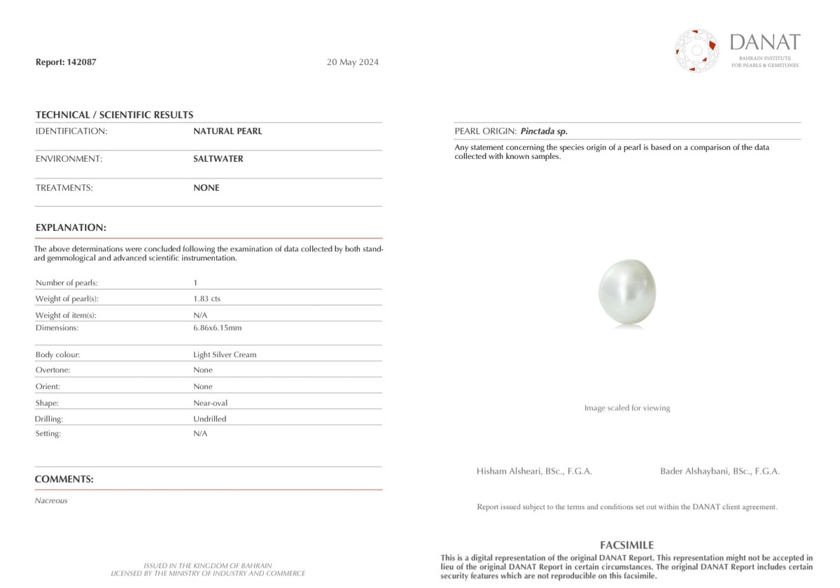 Real Natural Pearl 1.83 Carat Danat Lab Certificate No: 142087