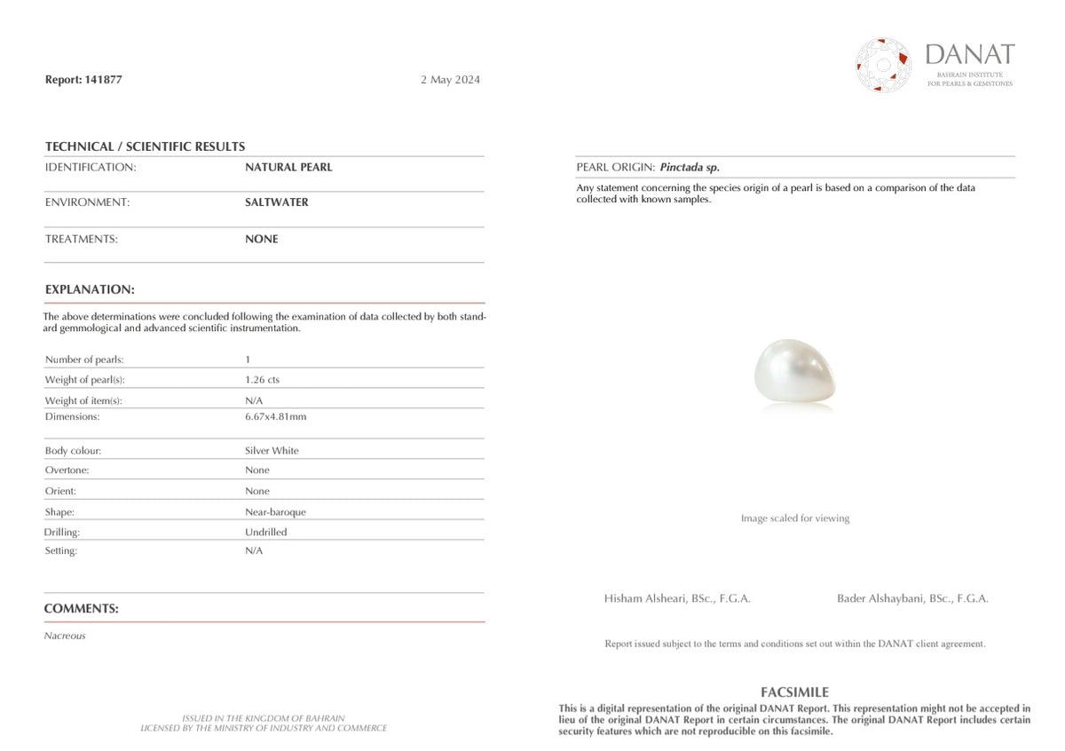 Real Natural Pearl 1.26 Carat Danat Lab Certificate No: 141877