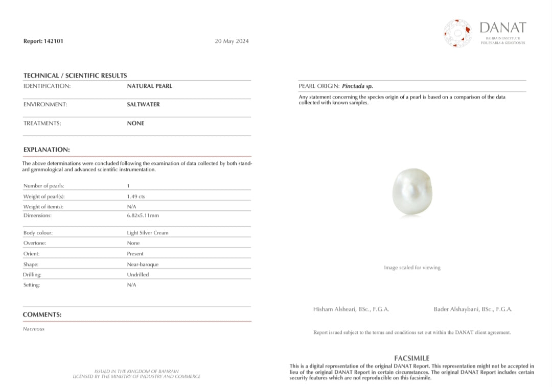 Real Natural Pearl 1.49 Carat Danat Lab Certificate No: 142101