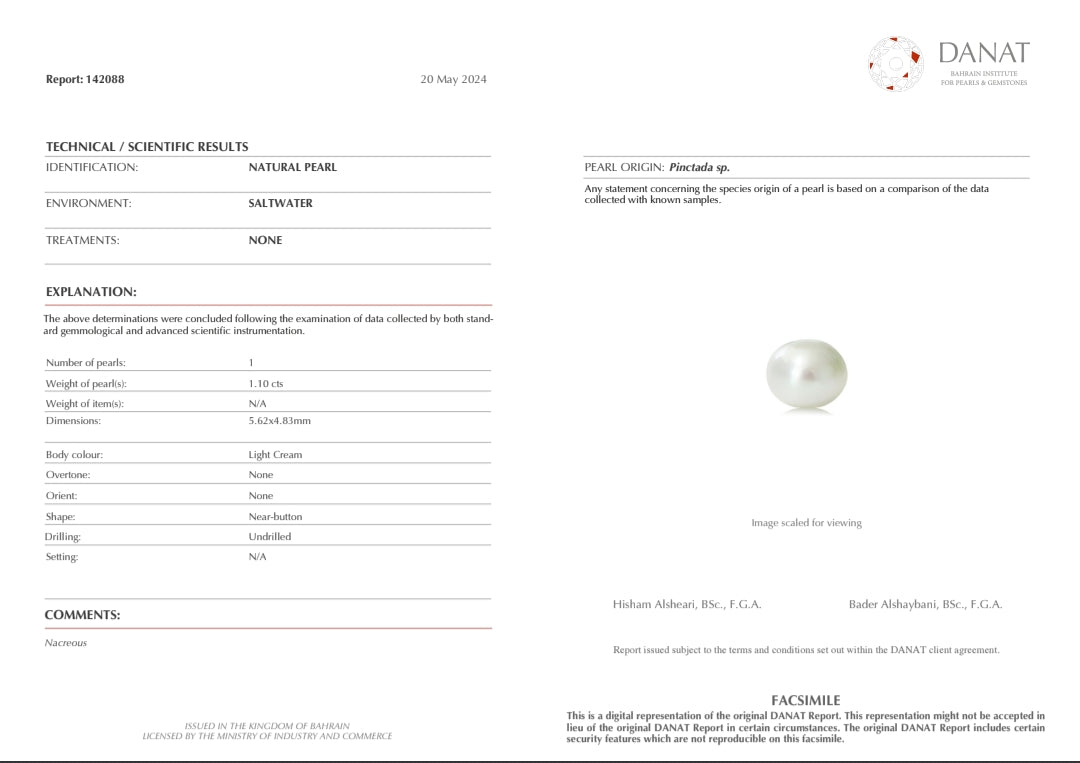 Real Natural Pearl 1.10 Carat Danat Lab Certificate No: 142088
