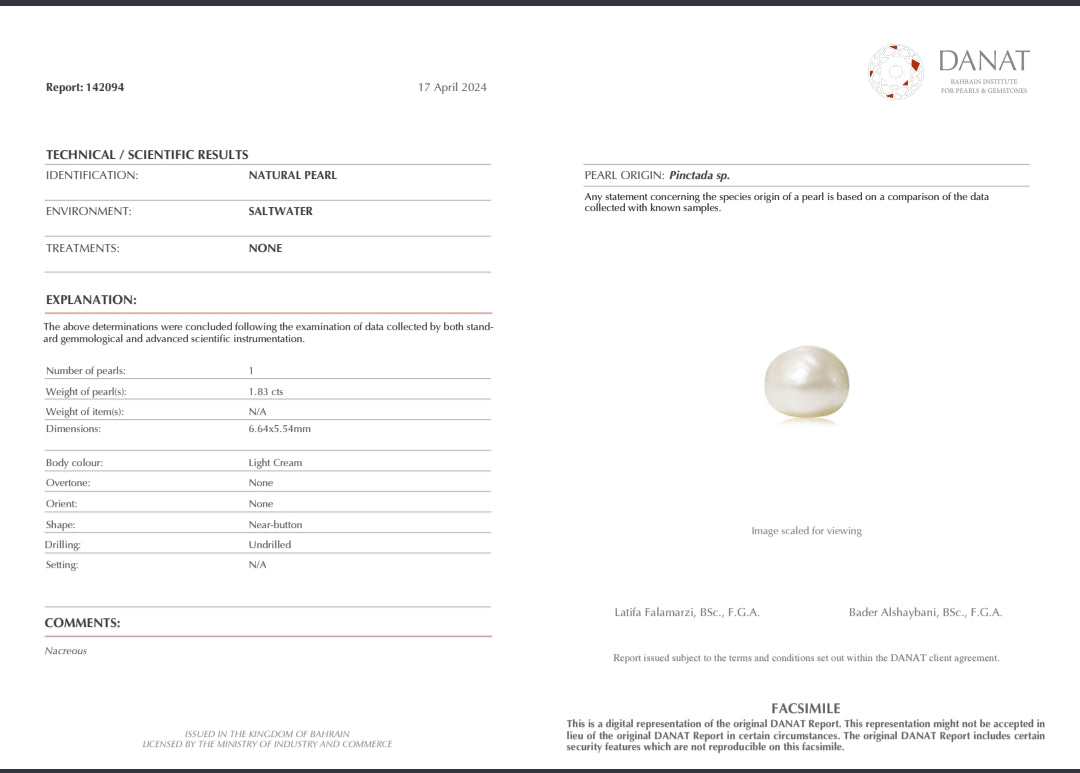 Real Natural Pearl 1.83 Carat Danat Lab Certificate No: 142094